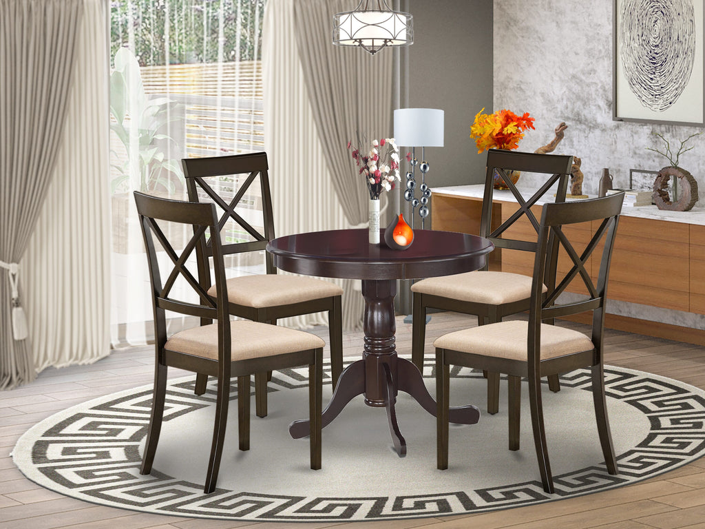 ANBO5-BZ3-Y Elegant 5-Piece Dining Ensemble with Pedestal Round Table & 4 Upholstered Chairs, Cappuccino Finish