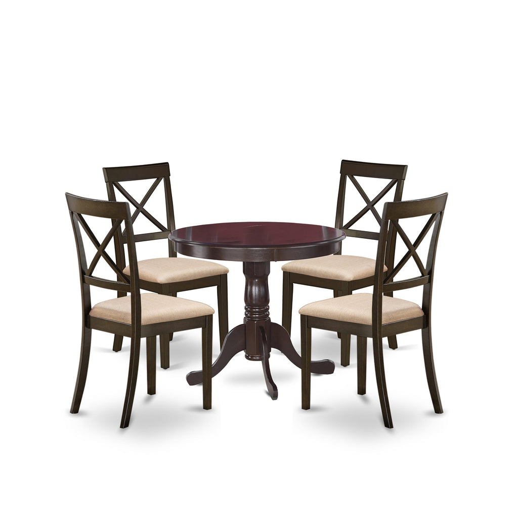 ANBO5-BZ3-Y Elegant 5-Piece Dining Ensemble with Pedestal Round Table & 4 Upholstered Chairs, Cappuccino Finish