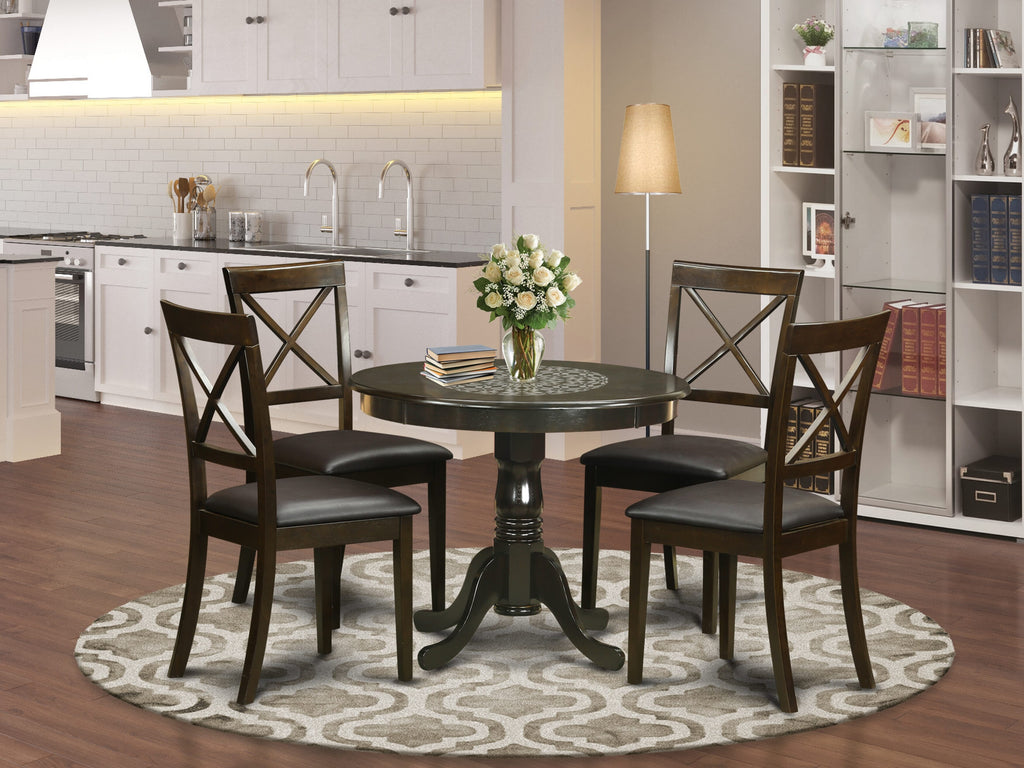 ANBO5-X6X-XL 5 Piece Dining Ensemble with Round Pedestal Table & Faux Leather Chairs, Cappuccino Finish, 36-Inch