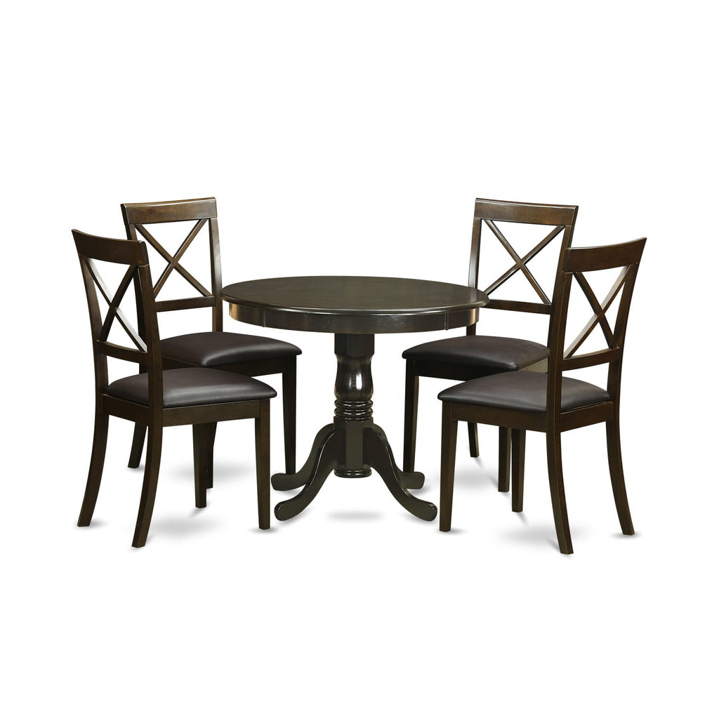 ANBO5-X6X-XL 5 Piece Dining Ensemble with Round Pedestal Table & Faux Leather Chairs, Cappuccino Finish, 36-Inch