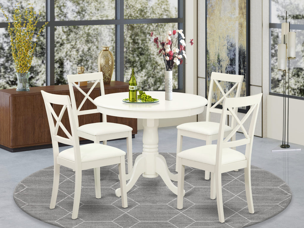ANBO5-ZZJ-LM 5-Piece Dining Ensemble Round Pedestal Table & 4 Faux Leather Seats, White Finish