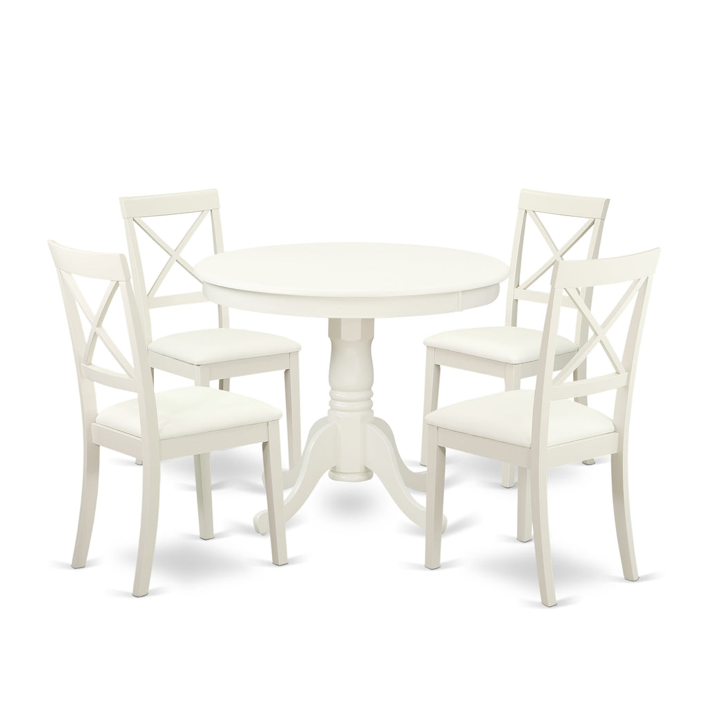 ANBO5-ZZJ-LM 5-Piece Dining Ensemble Round Pedestal Table & 4 Faux Leather Seats, White Finish