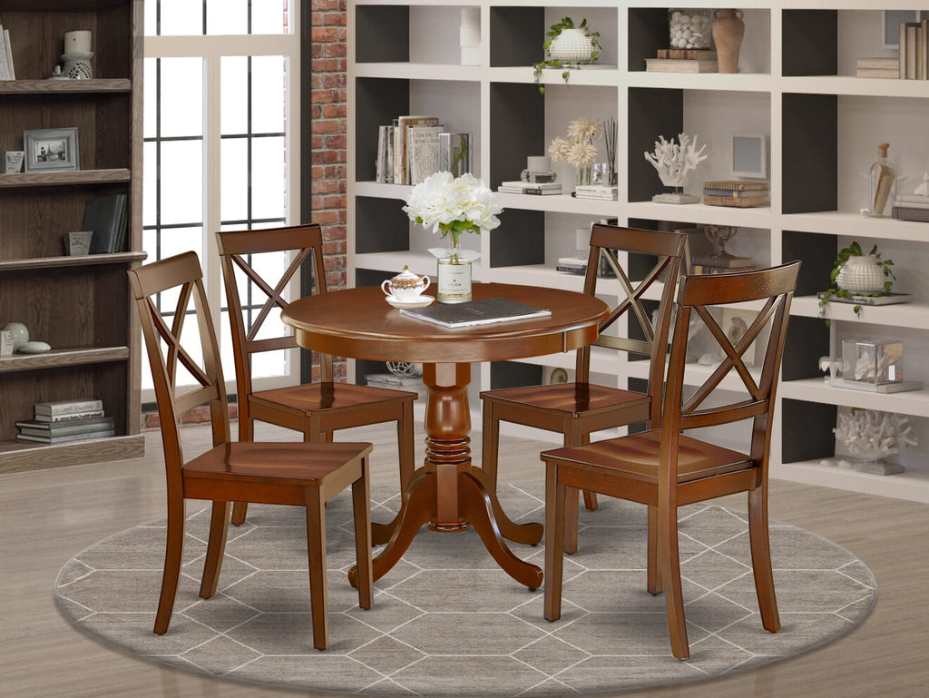 ANBO5-6CP-H 5-Piece Dining Ensemble with Round Table and Chairs for 4, 36-Inch Mahogany Set