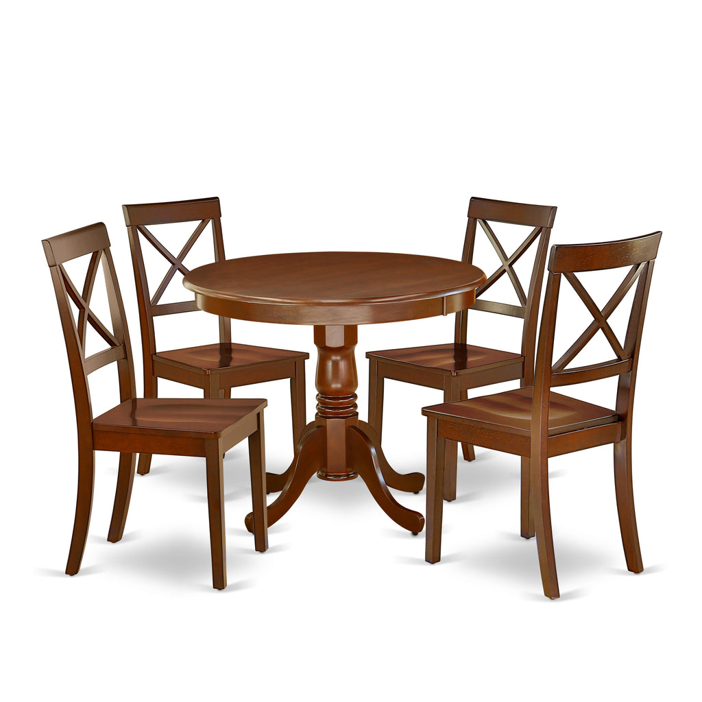 ANBO5-6CP-H 5-Piece Dining Ensemble with Round Table and Chairs for 4, 36-Inch Mahogany Set