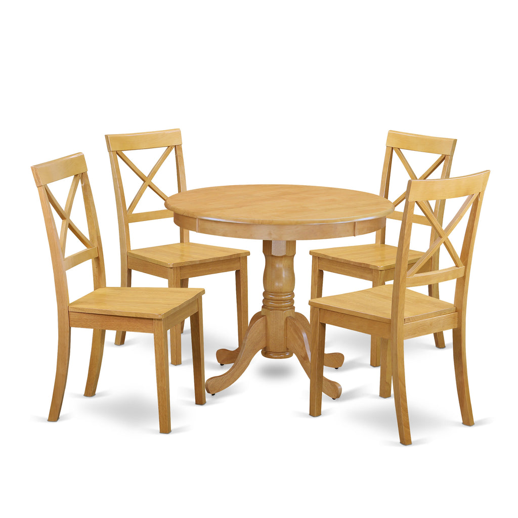 ANBO5-KLM-X 5-Piece Dining Set with Round Pedestal Table and 4 Chairs, Oak Finish, 36x36 In.