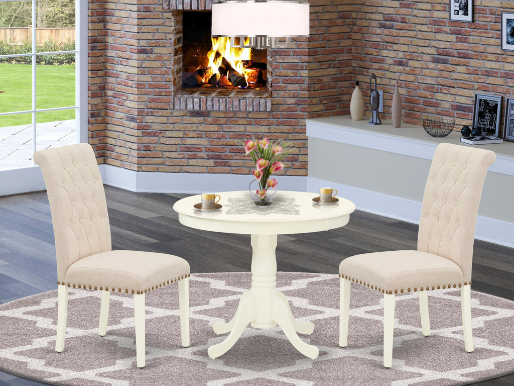 ANBR3-XM9-X7 3-Piece Linen White Dining Set Round Pedestal Table & 2 Upholstered Beige Chairs
