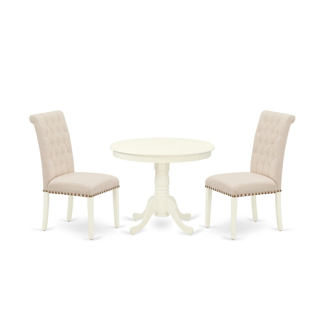 ANBR3-XM9-X7 3-Piece Linen White Dining Set Round Pedestal Table & 2 Upholstered Beige Chairs