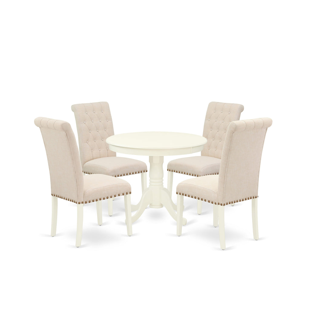Set ANBR5-XND-22 Five-Piece Dining Suite with Pedestal Table & Parsons Chairs in Linen White Fabric, 36x36
