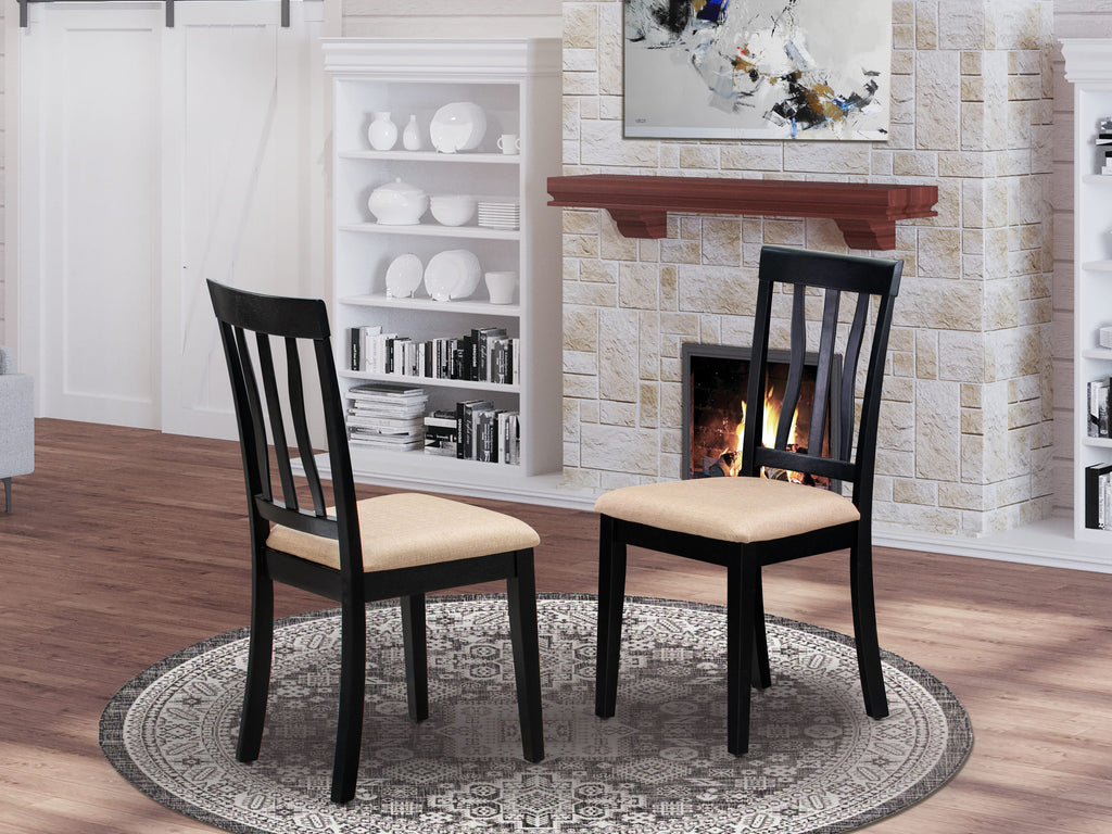 ANC-B4C-N Dining Set of 2 Antique Wood Linen Upholstered Chairs in Luxurious Black Finish