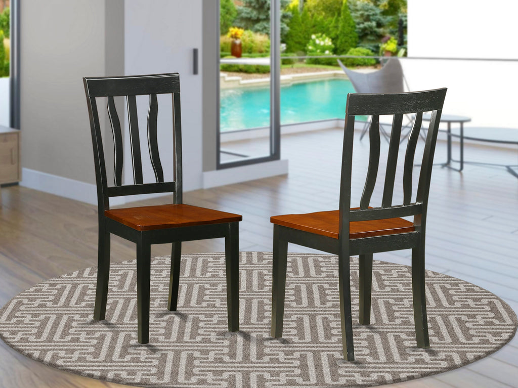 Antique Style Dining Chairs ANC-B1W-F Set of 2 with Slat Back and Wooden Seat, Black & Cherry Finish