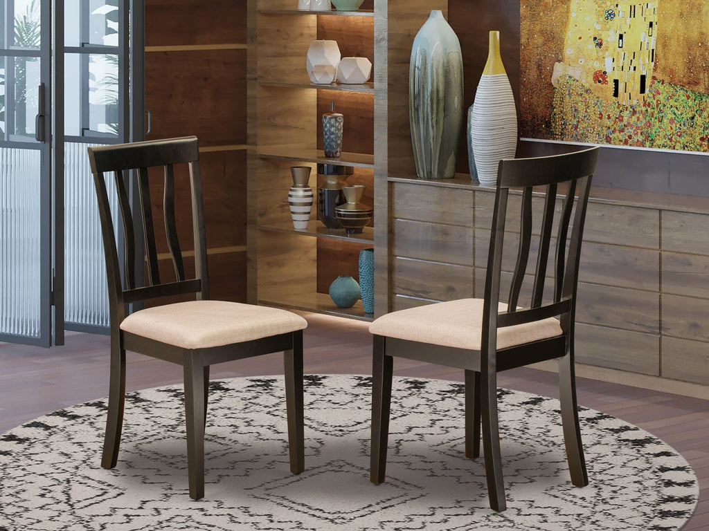 ANC-C8S-0 Antique Style Dining Chairs Upholstered in Linen Fabric - Set of Two, Rich Cappuccino Finish