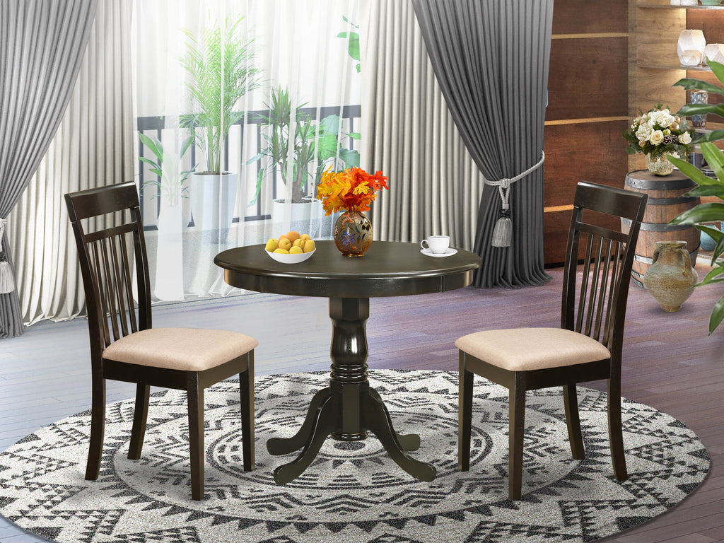 ANCA3-619-7 Cozy Three-Piece Set with Circular Table and Linen Upholstered Chairs, 36x36 in Warm Cappuccino Finish