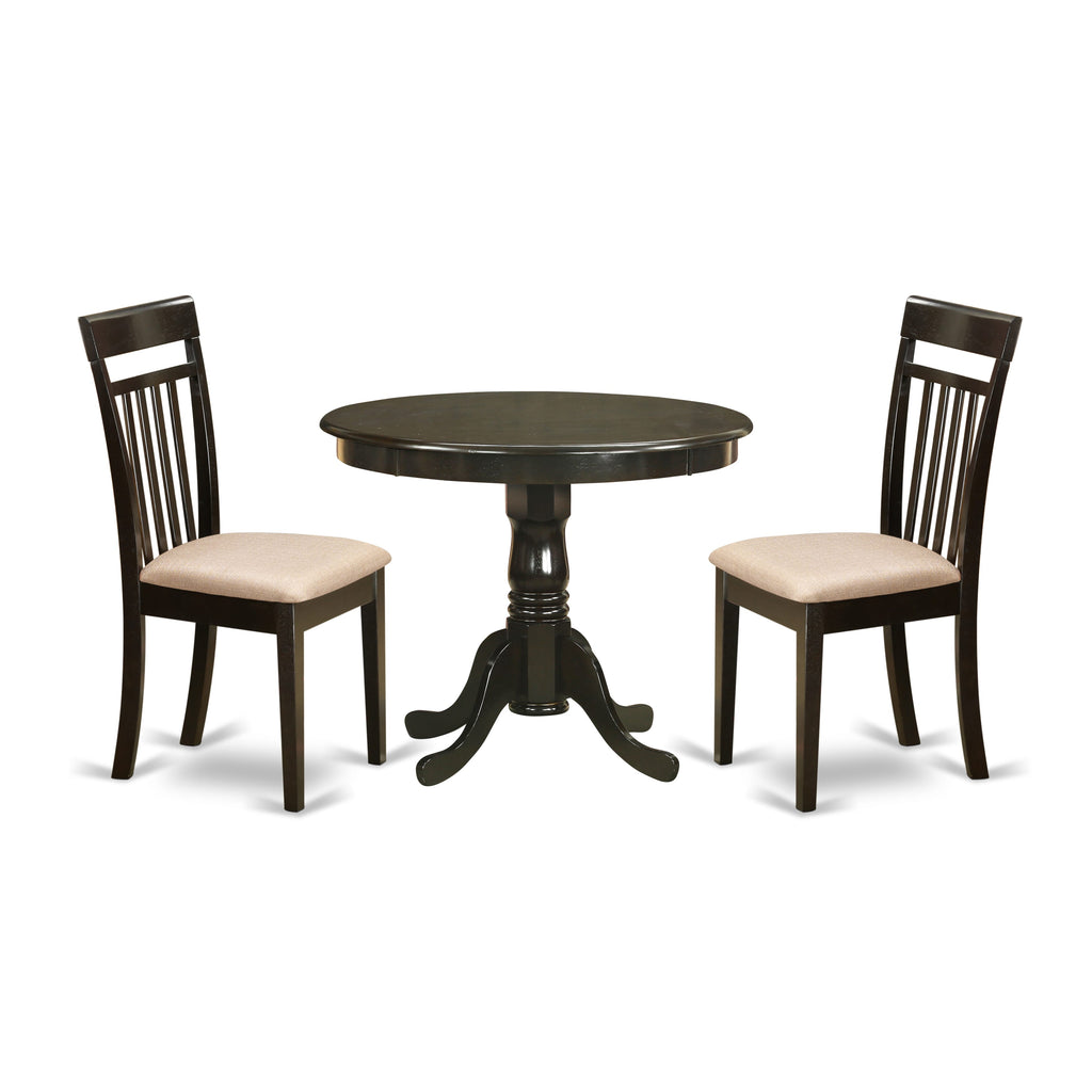 ANCA3-619-7 Cozy Three-Piece Set with Circular Table and Linen Upholstered Chairs, 36x36 in Warm Cappuccino Finish