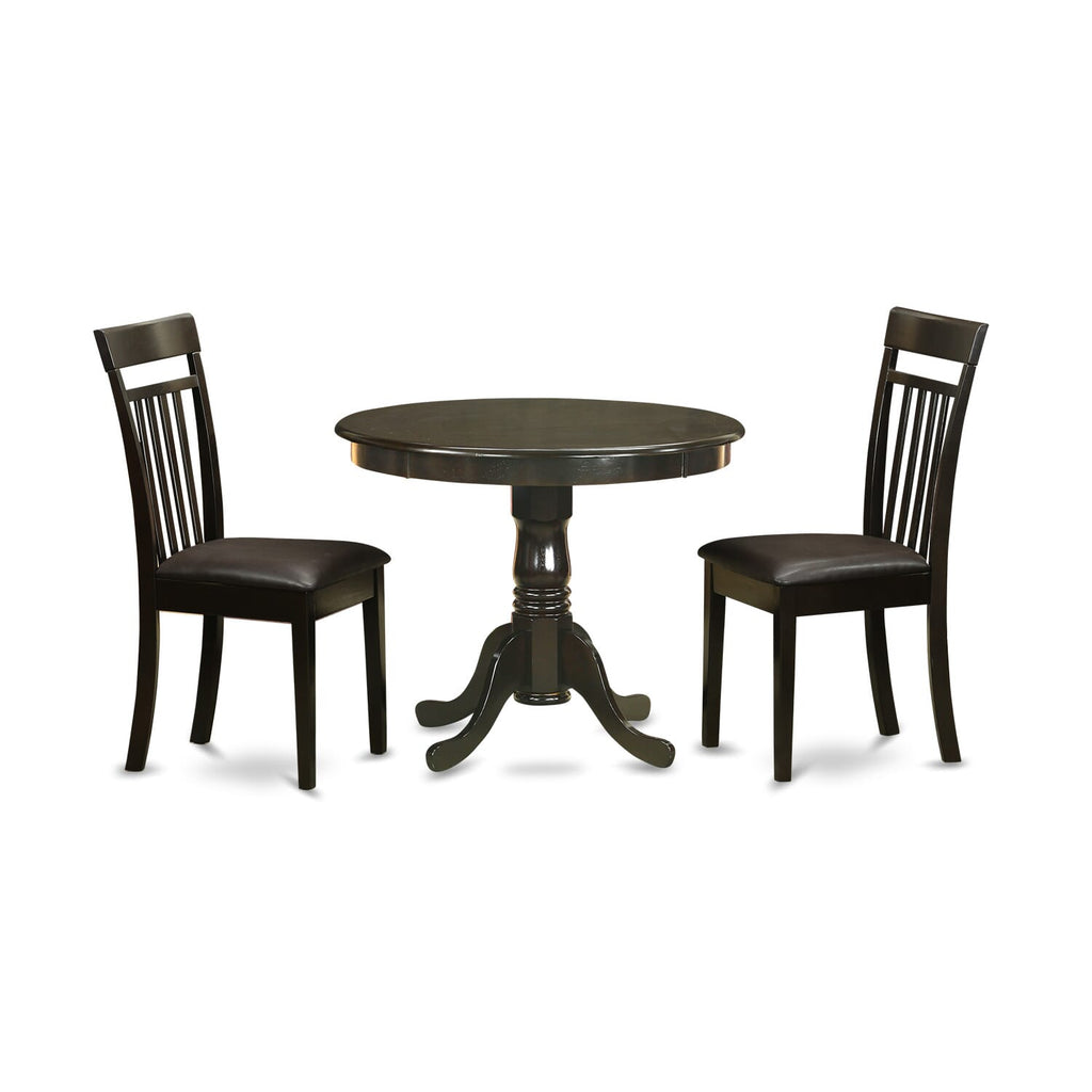 ANCA3-9N1-SB Round Dining Set 3-Piece Table with Pedestal and 2 Faux Leather Chairs, Elegant Cappuccino Finish