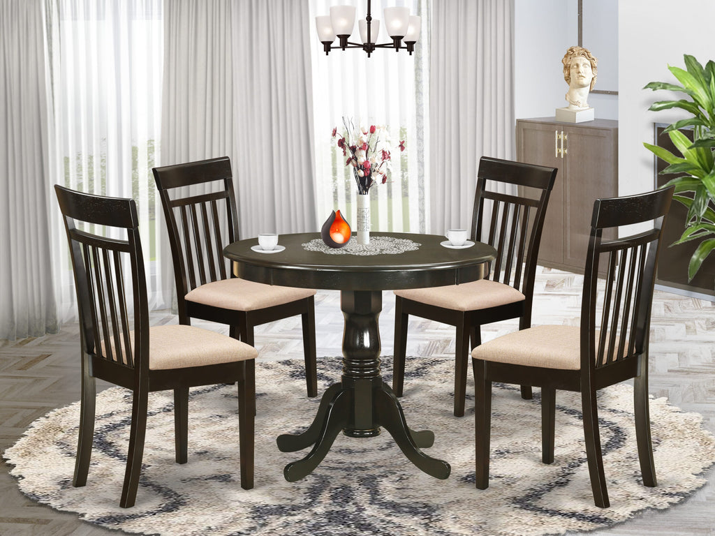 ANCA5-82E-W 5-Piece Round Dining Set with Pedestal Table and 4 Upholstered Chairs, 36'' Cappuccino