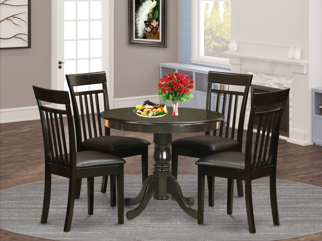 Cappuccino Round 36x36 Inch Pedestal Table with 4 Faux Leather Dining Chairs Set for Four ANCA5-E5Q-B0