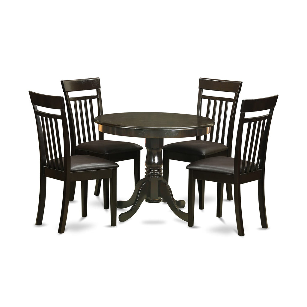 Cappuccino Round 36x36 Inch Pedestal Table with 4 Faux Leather Dining Chairs Set for Four ANCA5-E5Q-B0