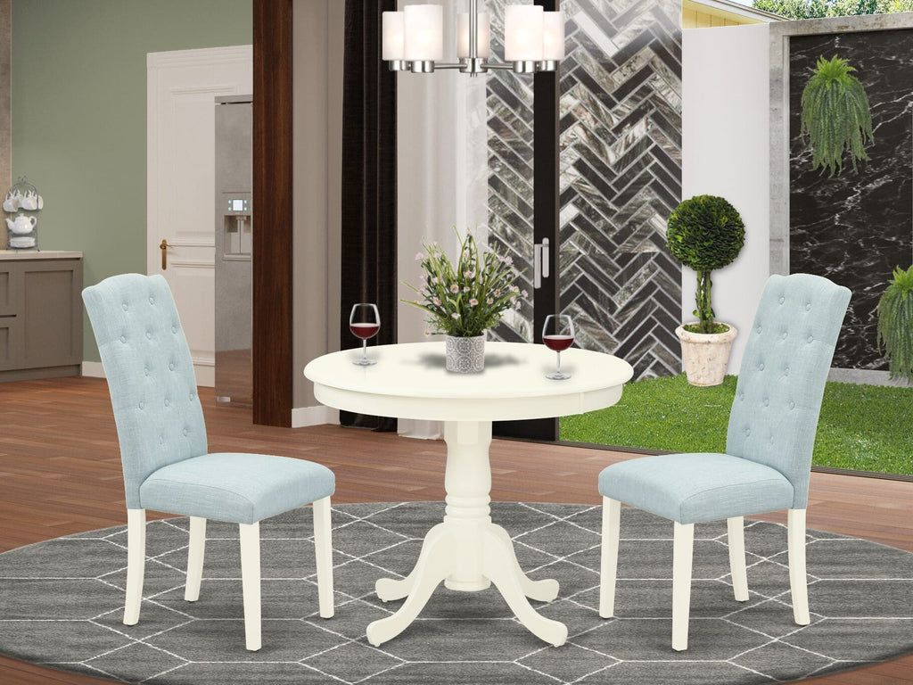 ANCE3-AGP-3T 3 Piece Contemporary Dining Ensemble with Round Table and 2 Blue Upholstered Chairs, 36x36 Inch