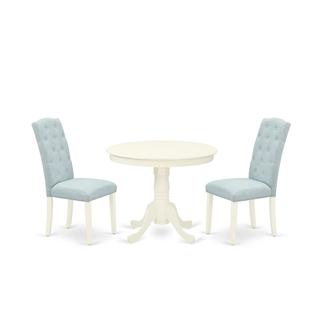 ANCE3-AGP-3T 3 Piece Contemporary Dining Ensemble with Round Table and 2 Blue Upholstered Chairs, 36x36 Inch