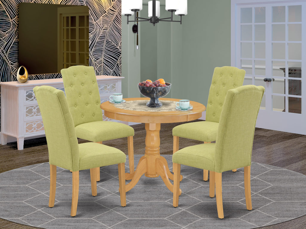 ANCE5-XBE-FX 5 Piece Dining Ensemble with Round Central Table and 4 Upholstered Chairs in Limelight Fabric, 36x36 In, Oak Finish