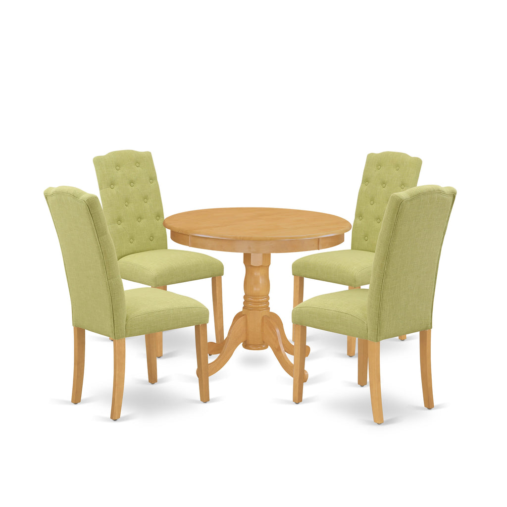 ANCE5-XBE-FX 5 Piece Dining Ensemble with Round Central Table and 4 Upholstered Chairs in Limelight Fabric, 36x36 In, Oak Finish