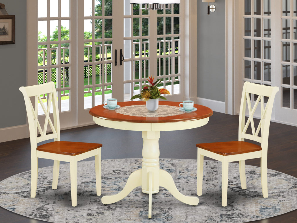 Revamp with ANCL3-XS3-N 3-Piece Dining Set Perfect for Cozy Nooks — Featuring a Round Table and Pair of Elegant Chairs in Warm Buttermilk & Cherry