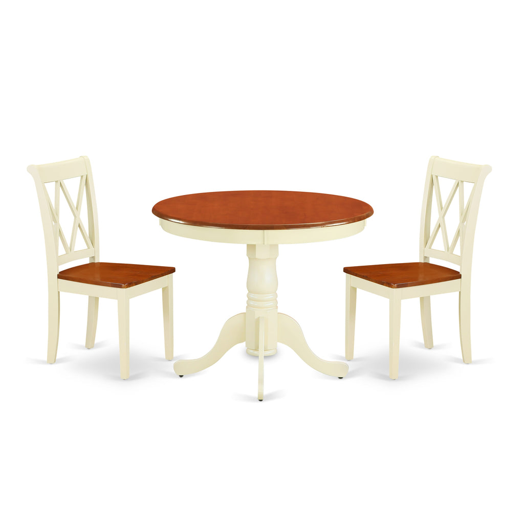Revamp with ANCL3-XS3-N 3-Piece Dining Set Perfect for Cozy Nooks — Featuring a Round Table and Pair of Elegant Chairs in Warm Buttermilk & Cherry