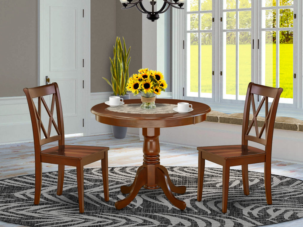 Compact Dining Set ANCL3-WYX-C with Round Pedestal Table & 2 Chairs in Rich Wood Shade