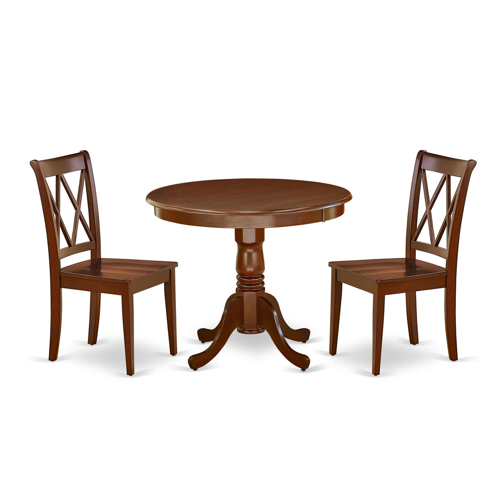 Compact Dining Set ANCL3-WYX-C with Round Pedestal Table & 2 Chairs in Rich Wood Shade