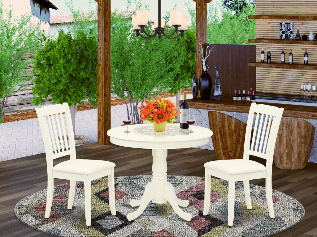ANDA3-ZB0-I Three-Piece Dining Ensemble with Pedestal Table & Linen Upholstered Chairs, 36 Round - White Finish