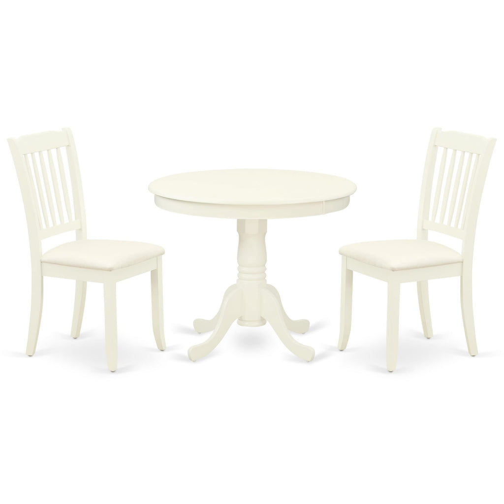 ANDA3-ZB0-I Three-Piece Dining Ensemble with Pedestal Table & Linen Upholstered Chairs, 36 Round - White Finish