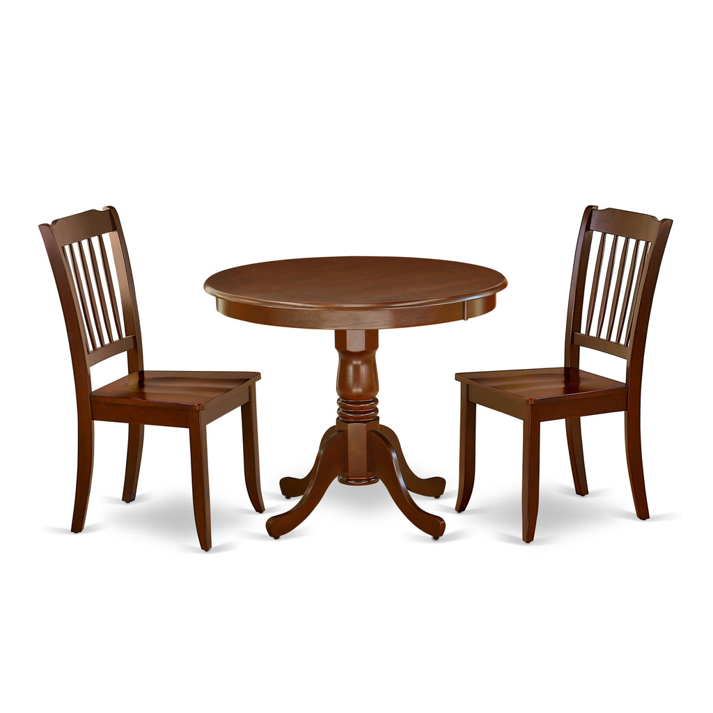 ANDA3-OCL-N 3-Piece Dining Set Round Wood Table and Two Chairs with Pedestal, 36x36, Mahogany Layout