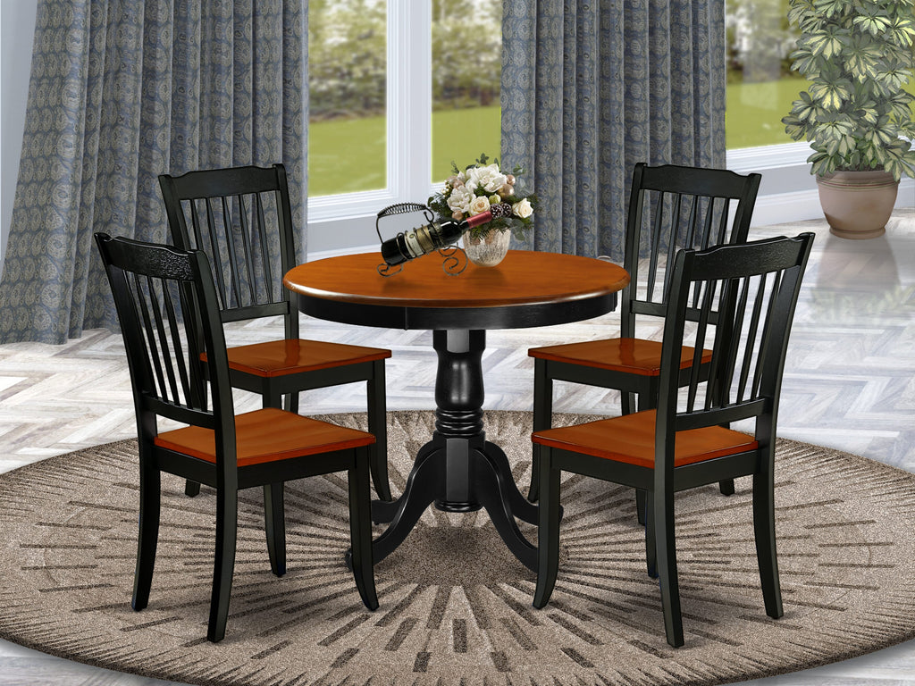 ANDA5-4WE-0 5 Piece Dining Set with Round Wood Pedestal Table and 4 Dining Chairs, 36x36 Inch, Cherry & Black