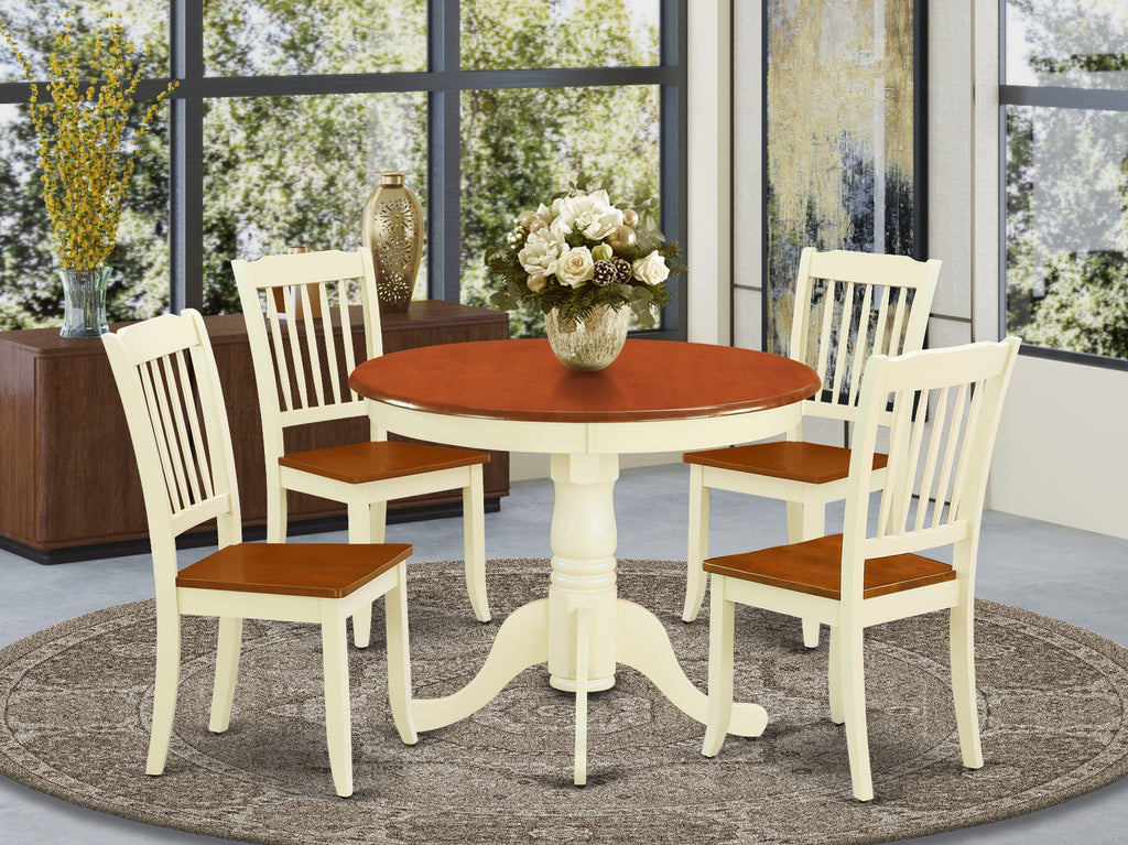ANDA5-Z1X-0 Dining Set - 5 Piece Ensemble with Circular Table on Pedestal & Four Chairs, 36 Buttermilk & Cherry