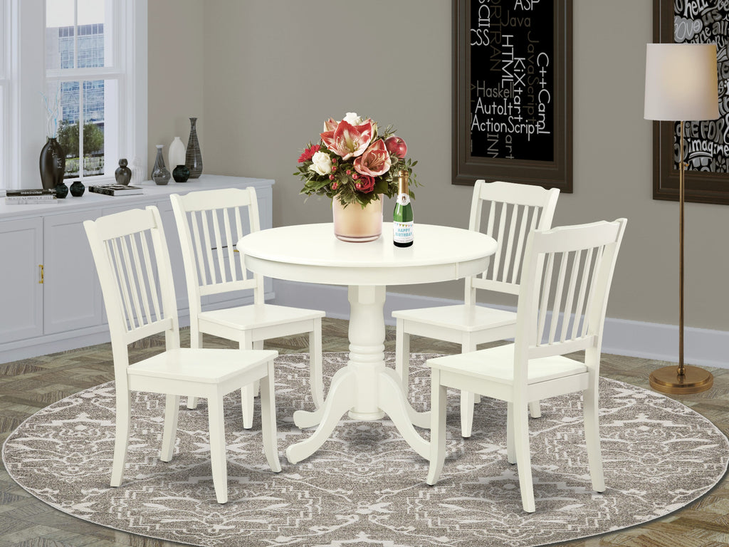 ANDA5-6XV-K 5 Piece Set Pedestal Round Table & Four Kitchen Chairs, 36x36, White Finish