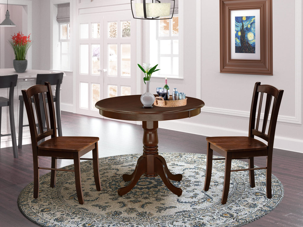 ANDL3-YGT-X Dining Ensemble with Pedestal Table and Chair Pair in Regal Mahogany - Compact Round 3-Piece Breakfast Set