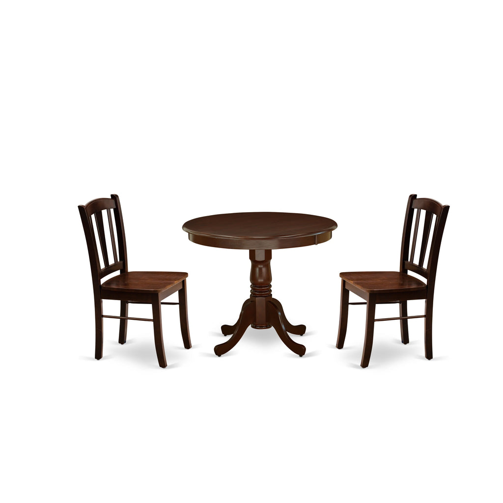 ANDL3-YGT-X Dining Ensemble with Pedestal Table and Chair Pair in Regal Mahogany - Compact Round 3-Piece Breakfast Set