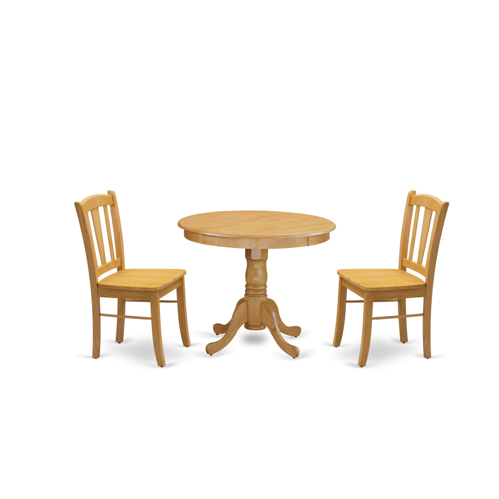 ANDL3-27N-7 Elegant Round Dining Set for 3 with Pedestal Table & 2 Chairs in Rich Oak, 36