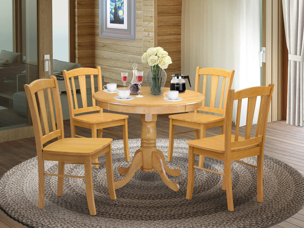 ANDL5-3ZC-9 Exquisite Round 5-Piece Dining Ensemble - Oak Finish with Pedestal Table and 4 Chairs