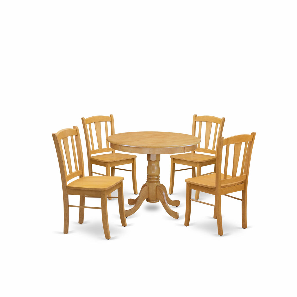 ANDL5-3ZC-9 Exquisite Round 5-Piece Dining Ensemble - Oak Finish with Pedestal Table and 4 Chairs