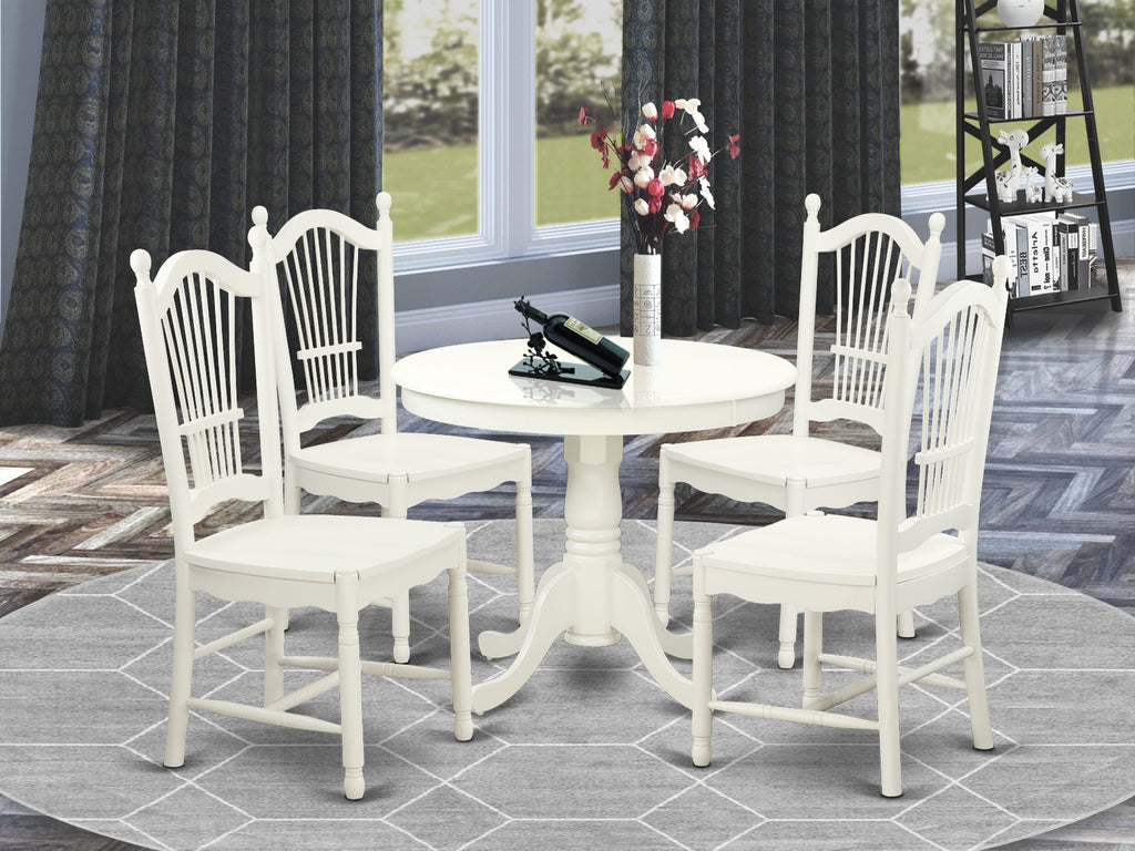 ANDO5-GAS-Y Five Piece Dining Ensemble Round Pedestal Table & 4 Chairs, 36 Linen White