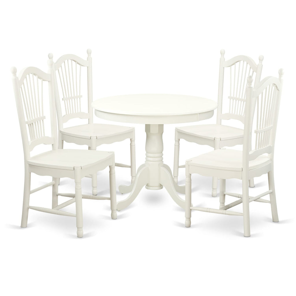 ANDO5-GAS-Y Five Piece Dining Ensemble Round Pedestal Table & 4 Chairs, 36 Linen White