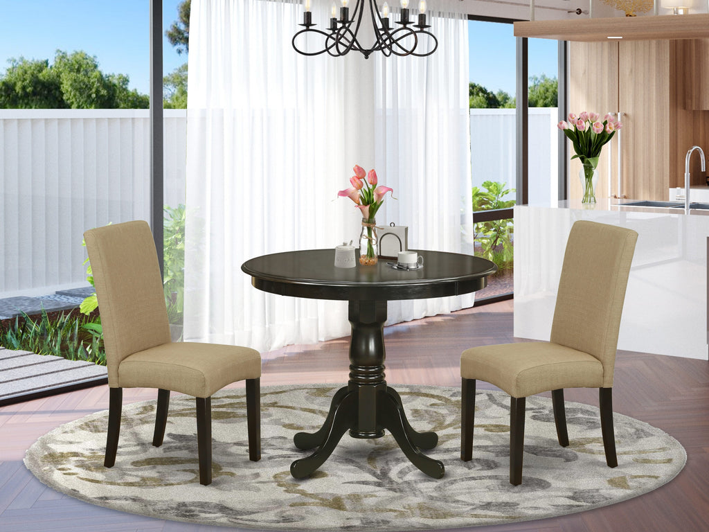 ANDR3-7HI-DW - 3-Piece Dining Ensemble with Round Pedestal Table and 2 Linen Parsons Chairs in Rich Cappuccino