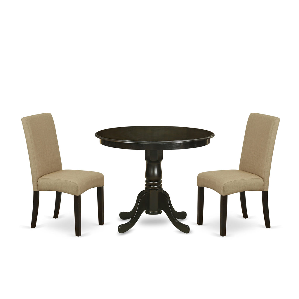 ANDR3-7HI-DW - 3-Piece Dining Ensemble with Round Pedestal Table and 2 Linen Parsons Chairs in Rich Cappuccino