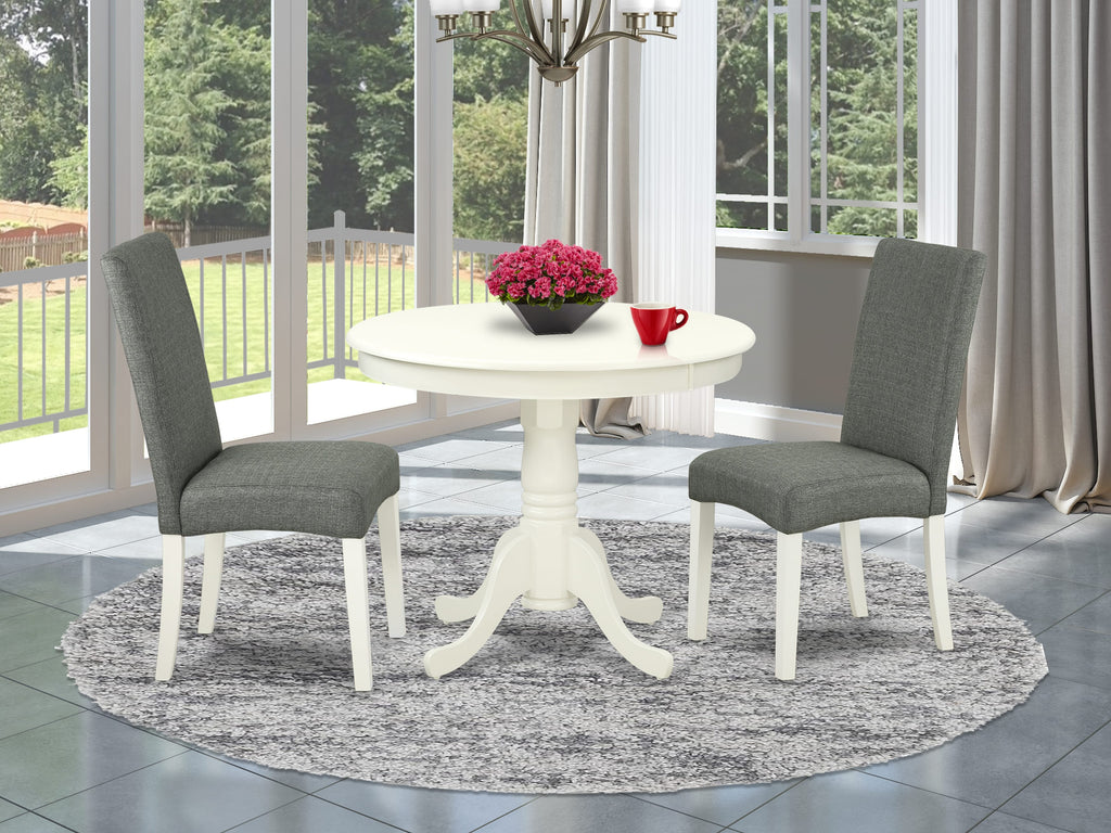 ANDR3-LKL-V4 3-Piece Dining Ensemble with Circular Pedestal Table & Two Gray Fabric Chairs, 36x36 in, Linen White