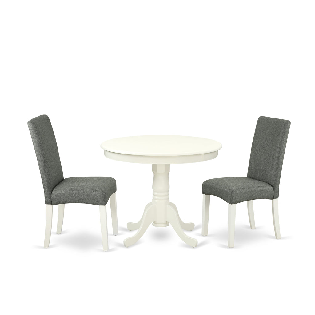 ANDR3-LKL-V4 3-Piece Dining Ensemble with Circular Pedestal Table & Two Gray Fabric Chairs, 36x36 in, Linen White
