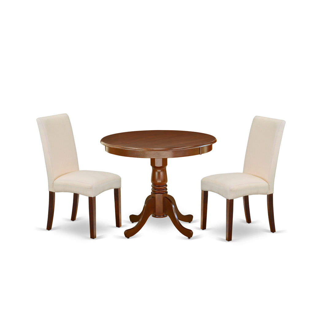 ANDR3-DTU-2M Elegant 3-Piece Mahogany Dining Set with Round Table and Cream Linen Chairs