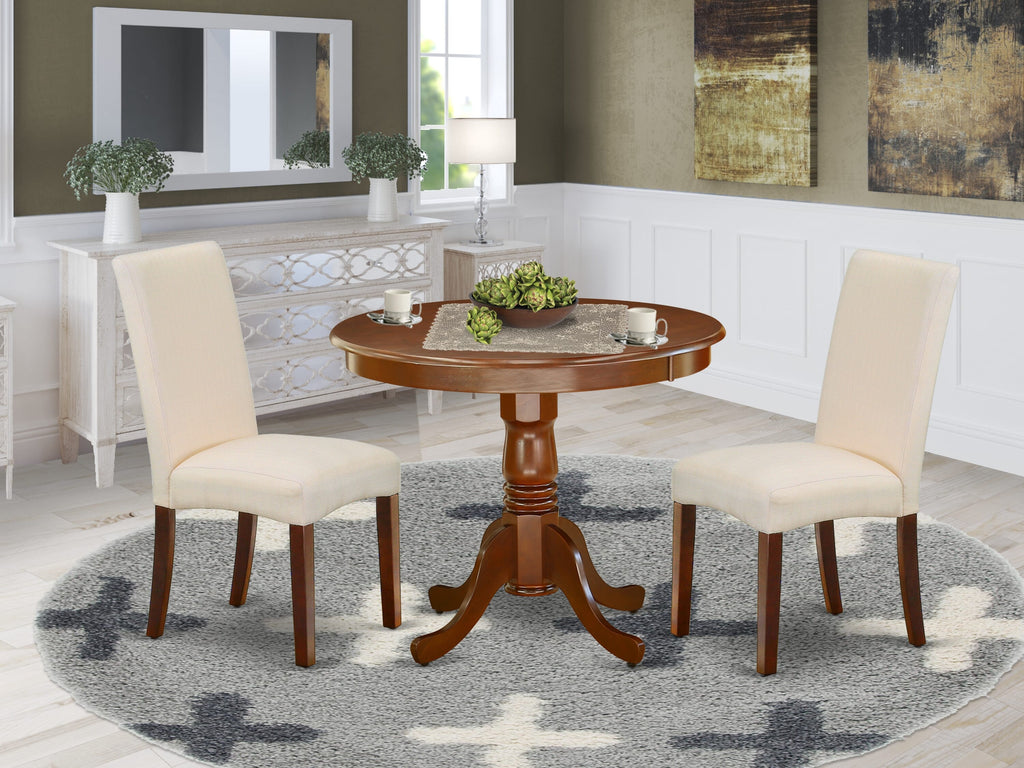 ANDR3-DTU-2M Elegant 3-Piece Mahogany Dining Set with Round Table and Cream Linen Chairs
