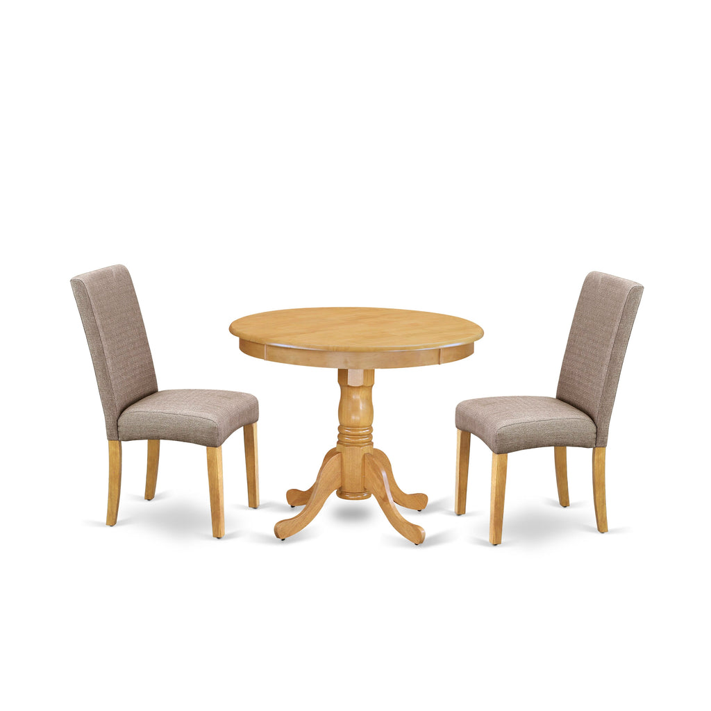 ANDR3-0UI-P2 Cozy Oak Pedestal Dining Set 36x36 Table with 2 Khaki Fabric Chairs—3 Piece