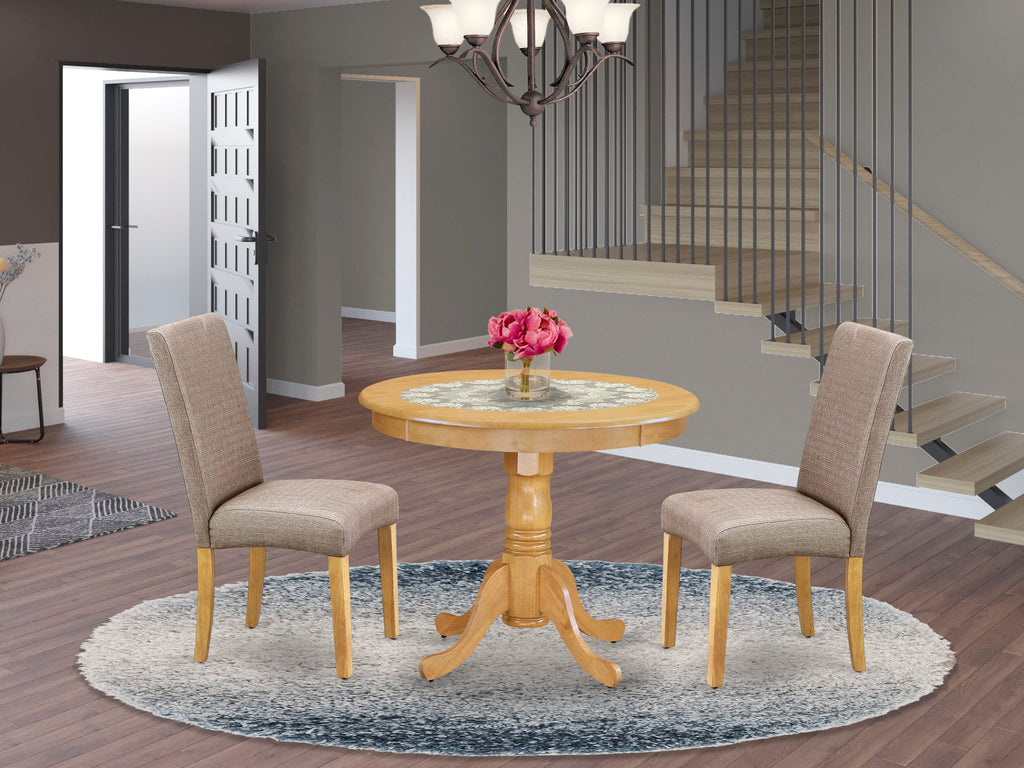 ANDR3-0UI-P2 Cozy Oak Pedestal Dining Set 36x36 Table with 2 Khaki Fabric Chairs—3 Piece